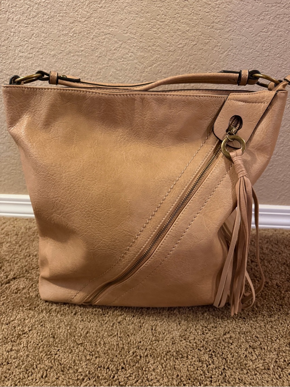 Women's Tan PU Leather Tassel Shoulder Bag